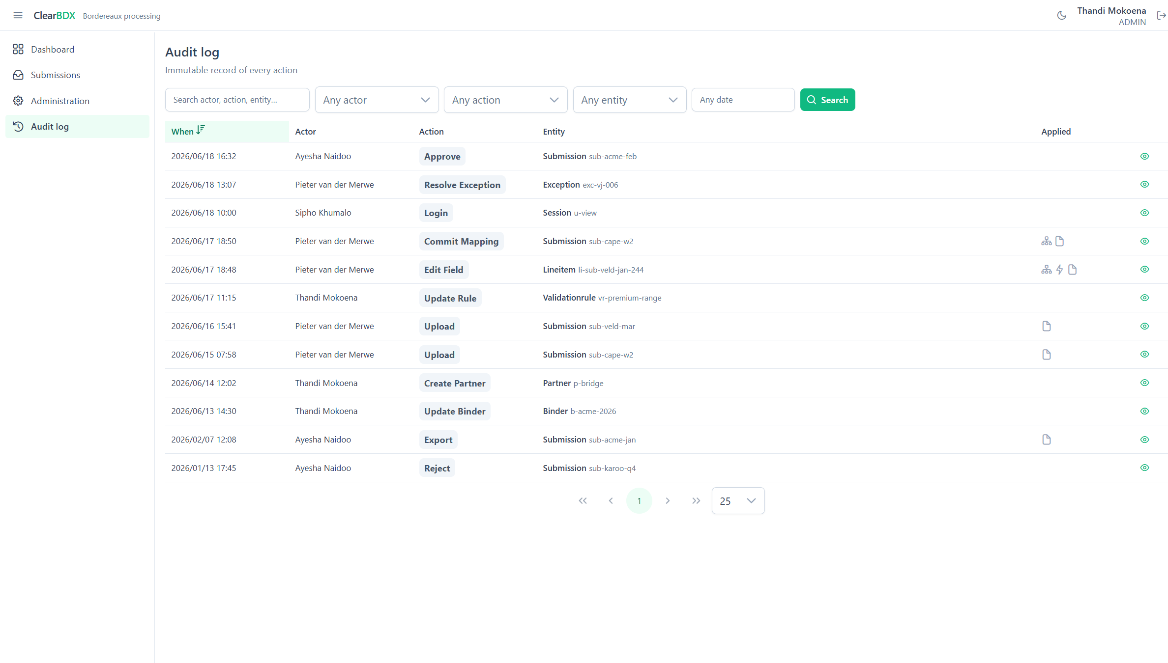Immutable audit log listing every action with actor, timestamp, entity and the mapping or file applied