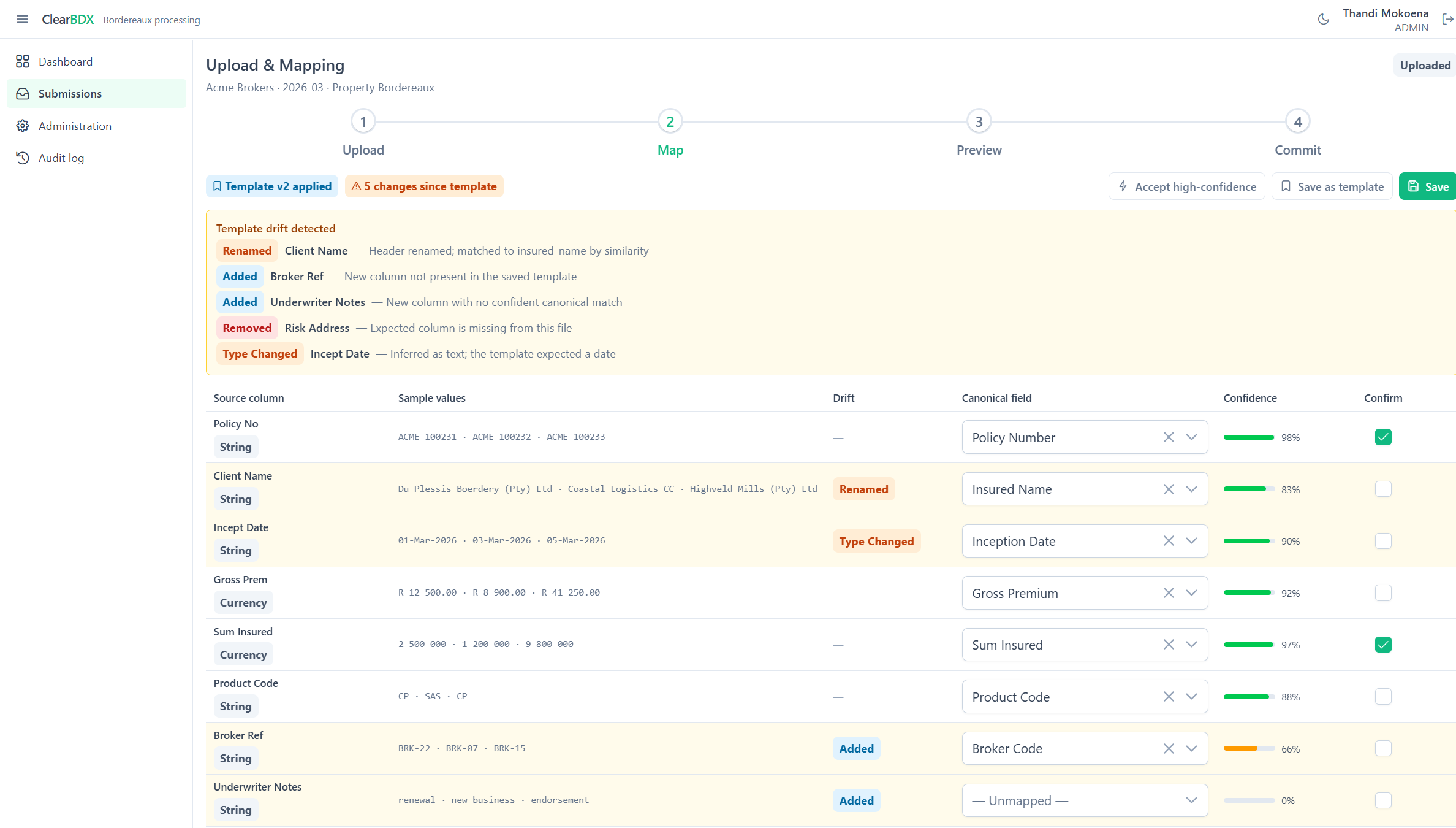 Upload and mapping screen matching source spreadsheet columns to canonical fields, with confidence scores and template drift warnings
