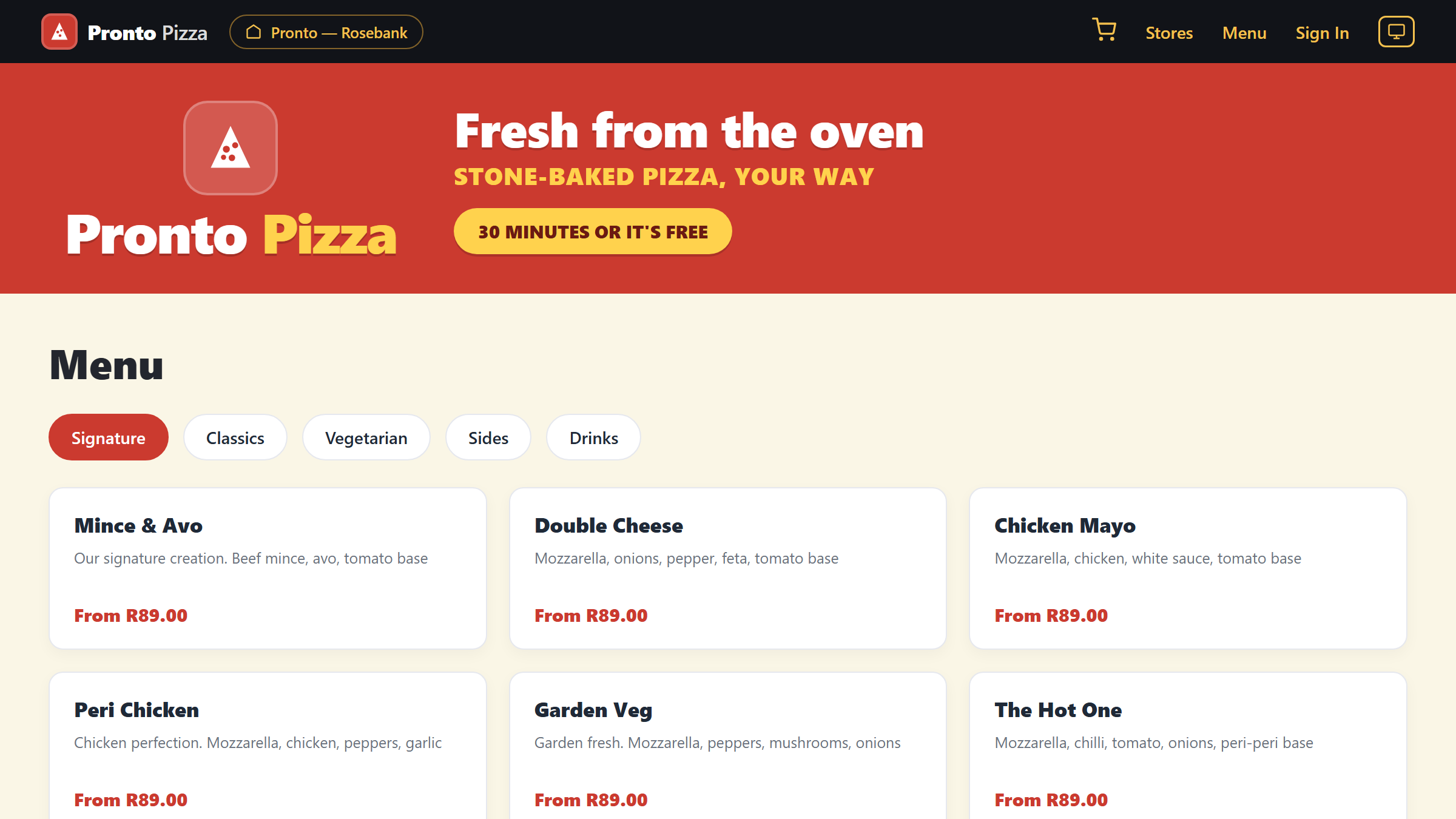Customer menu showing categories, sizes, bases and toppings